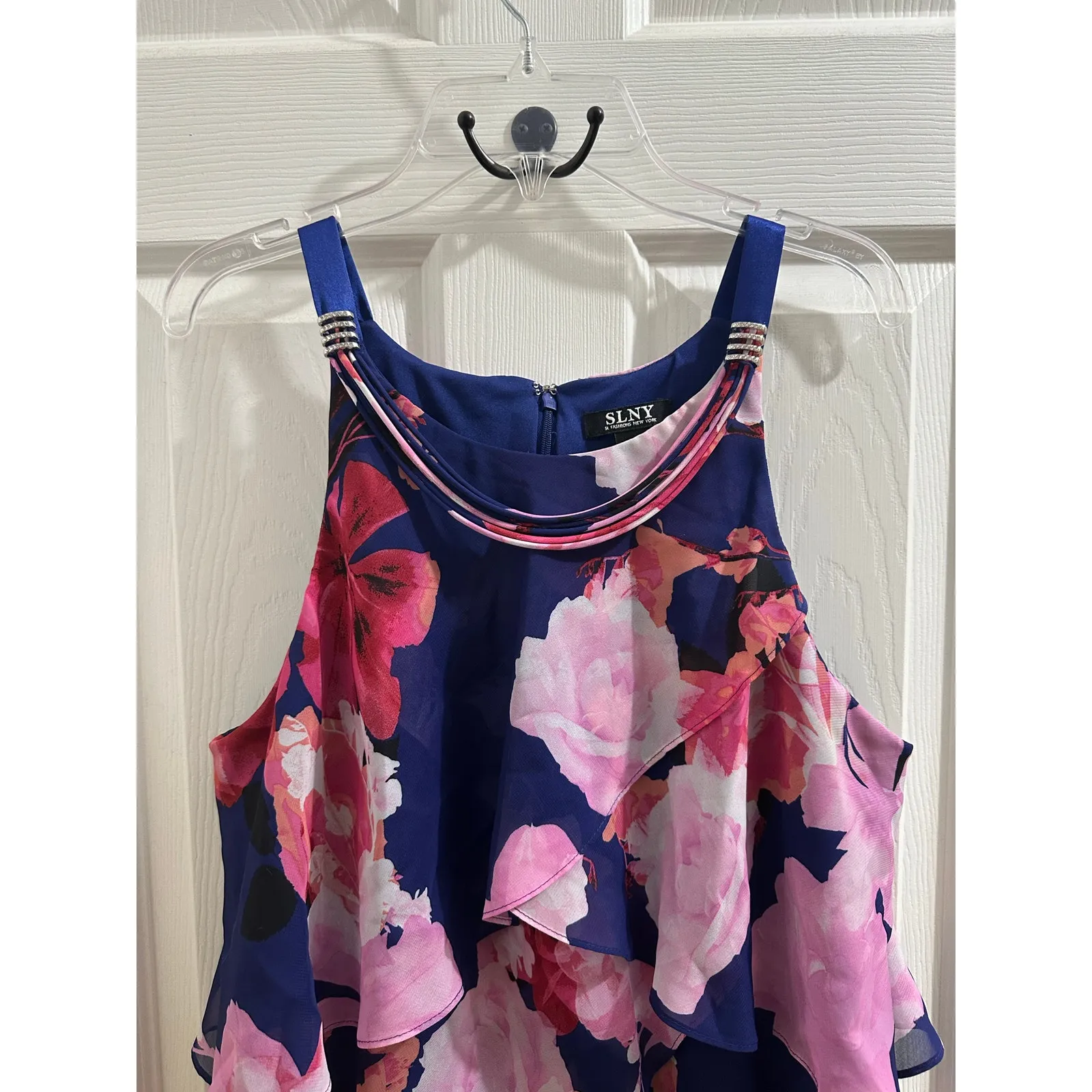 SLNY Tiered Ruffle Sleeveless Dress Floral & Navy 14 XL - Image 3
