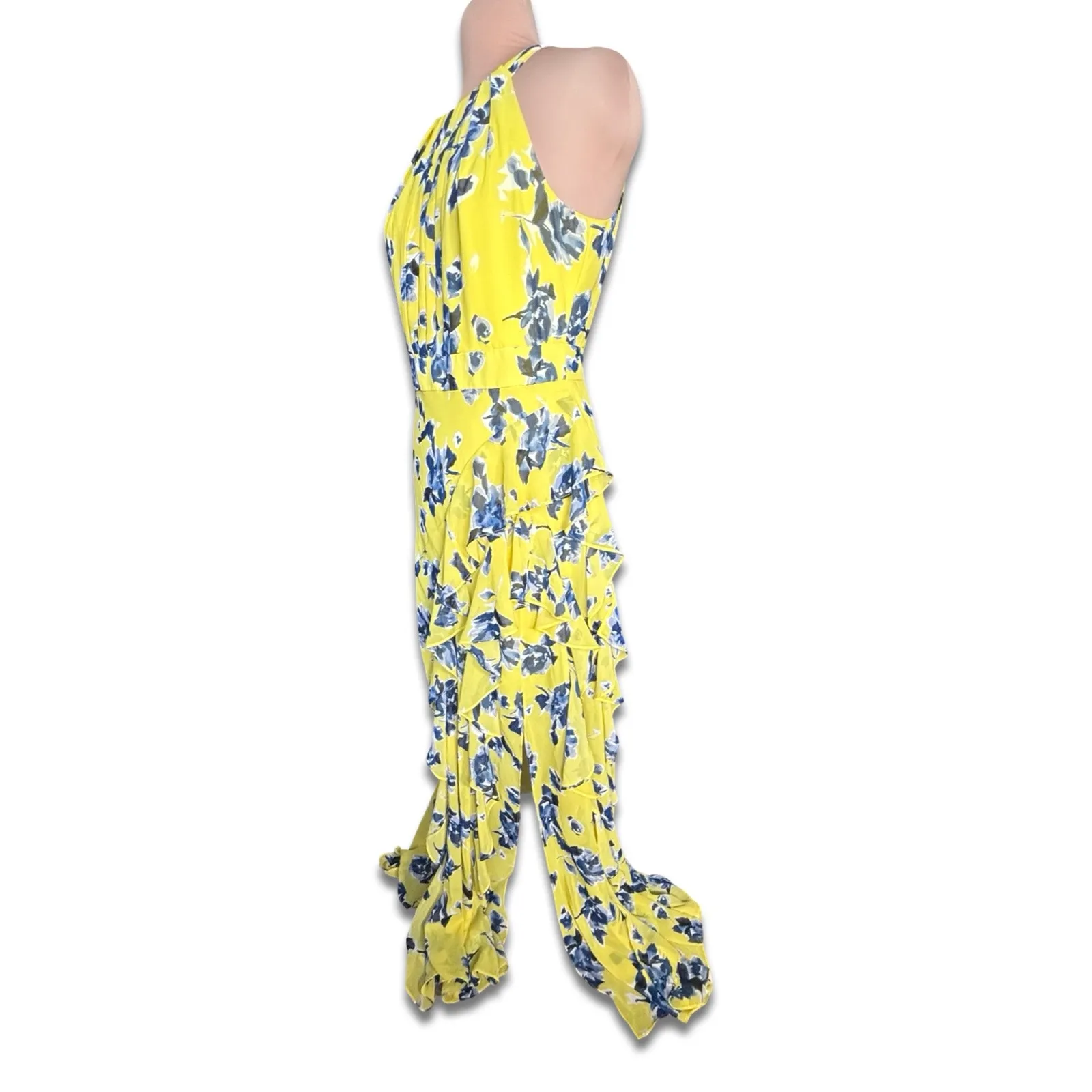 Eliza J Yellow Blue Floral Halter Ruffle Maxi Dress Size 12 Feminine Romantic - Image 6