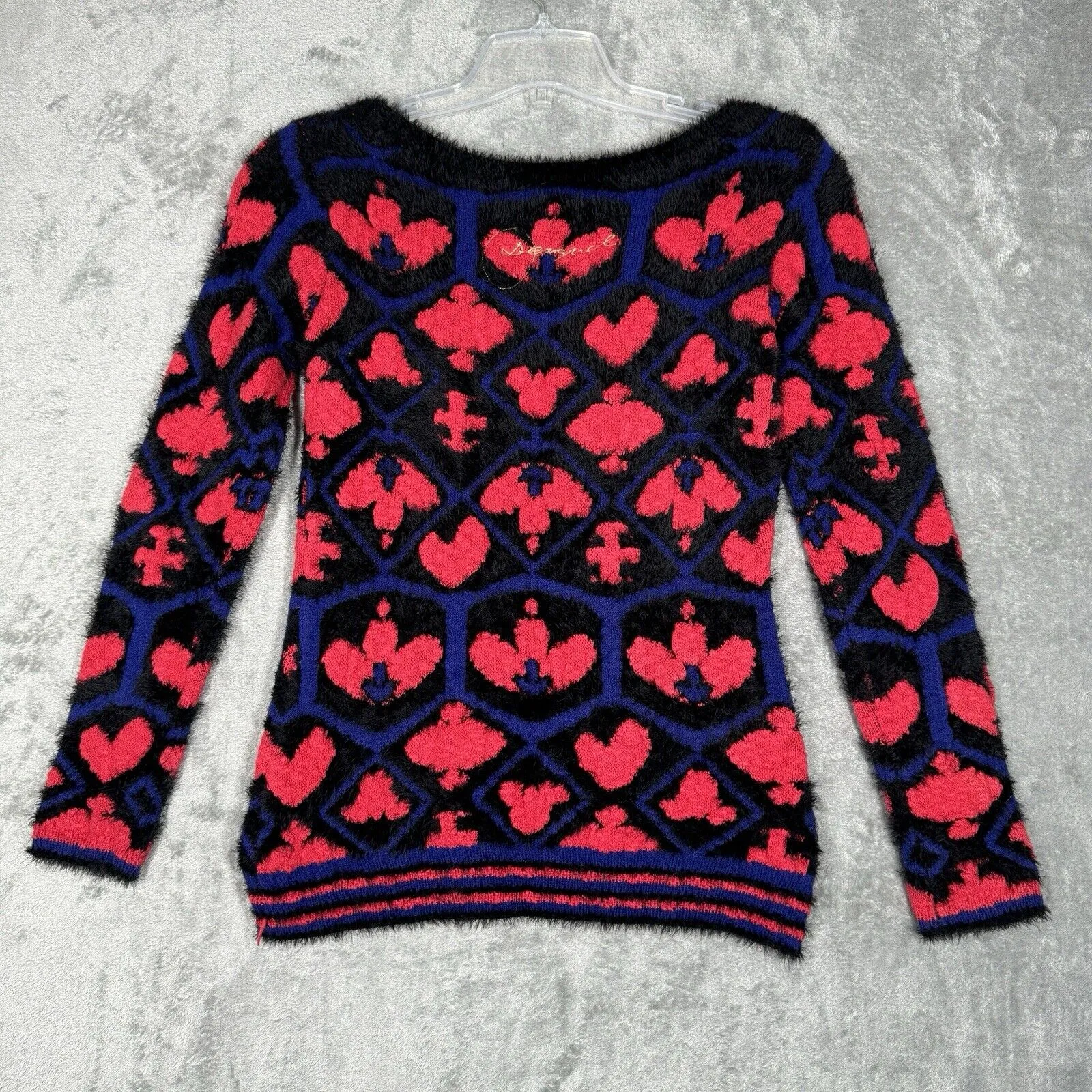 Desigual Sweater Women Small Pink Black Fuzzy Fleur de Lis Casual Colorful Artsy - Image 3