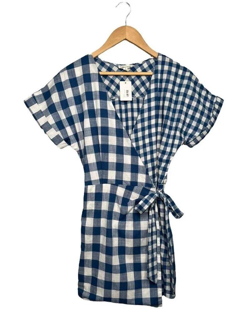 New Mainstrip Gingham V Neck Tie Wrap Front Romper Plaid Blue S - Image 2