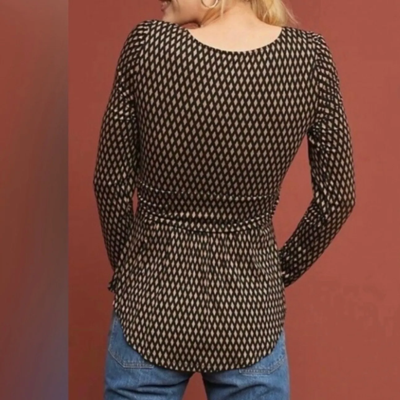 Anthropologie Meadow Rue Josalyn Tie Bust Long Sleeve Blouse Black Tan Size Smal - Image 8