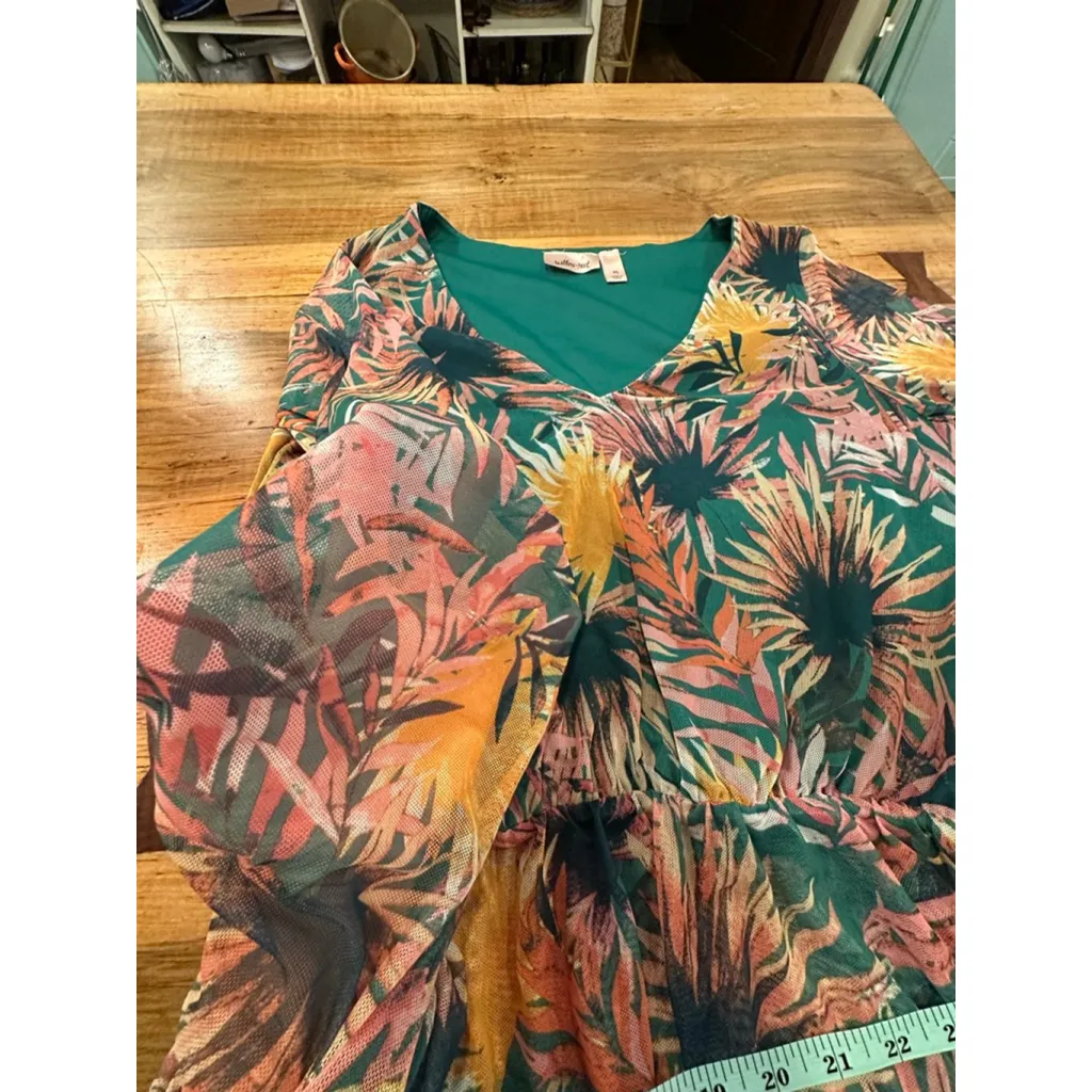 Women's Willow-Root Green Pink Tropical Print Blouse M - Image 9