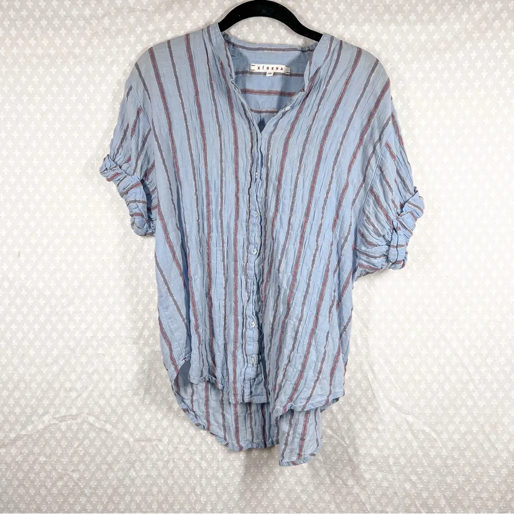 Xirena‎ Blue Red Channing Metallic Striped Button Up Top Size XS - Image 2