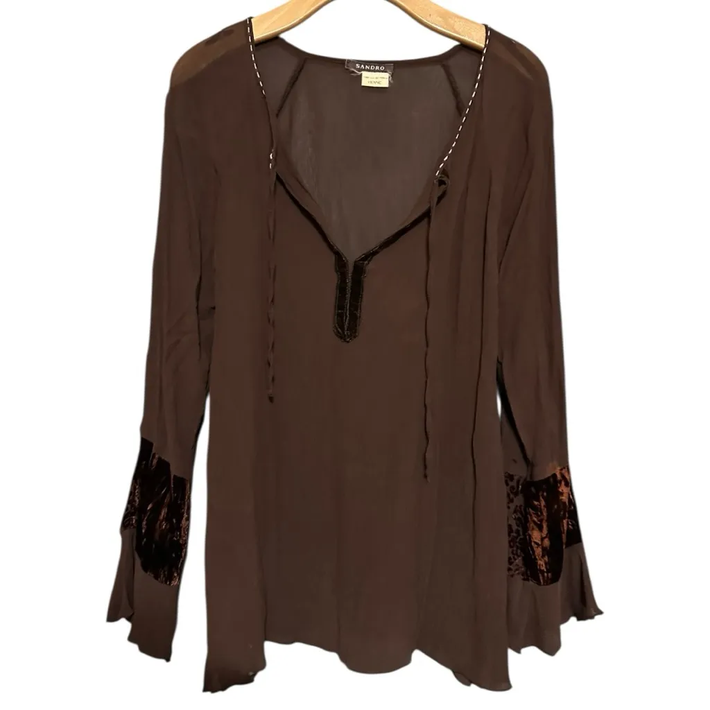 Sandro Women’s Size S Dark Brown Chiffon Velvet Sleeve Tie Neck Top Blouse - Image 2