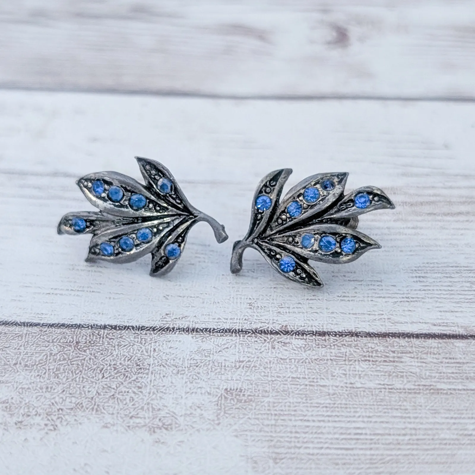 Vintage Screw On Earrings Leaf with Blue Gems - Image 2