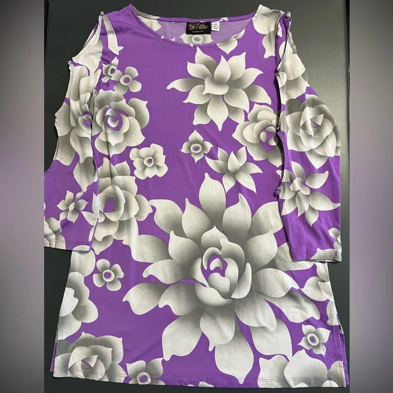 Bob Mackie Wearable Art Purple Gray Floral Tunic Sz XS - Image 2