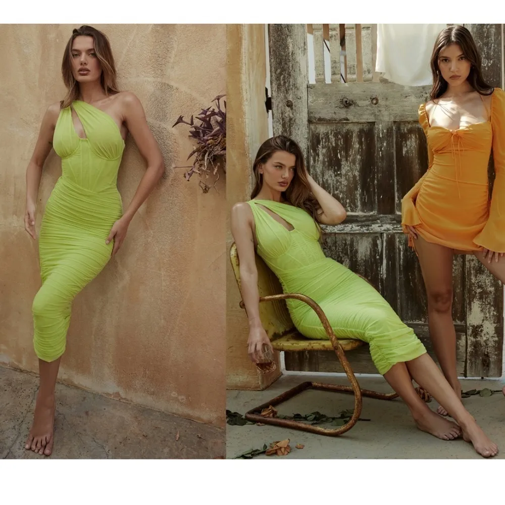 HOUSE OF CB 'Valentina'Lime neon Asymmetric Cutout Midi‎ Dress/Size XS plus cup - Image 7