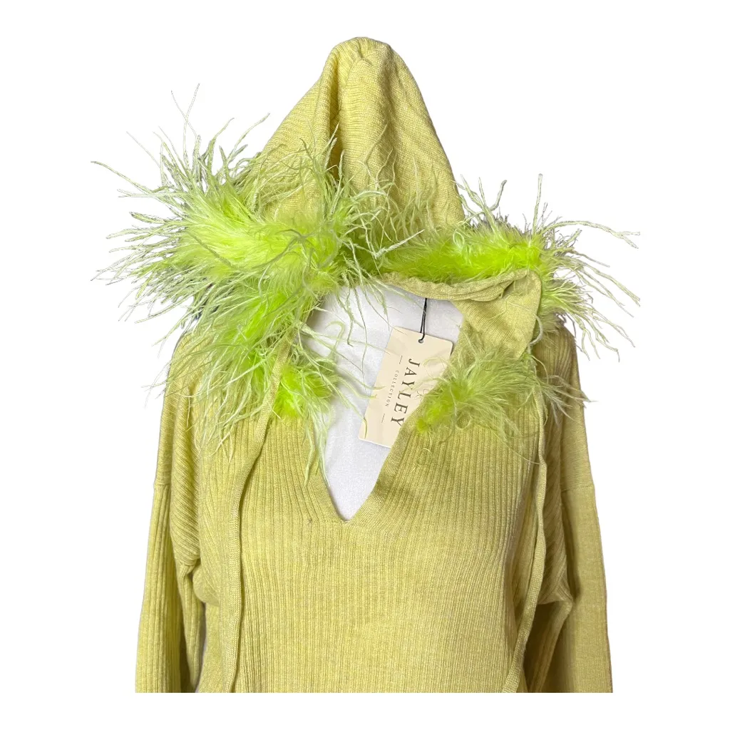 JAYLEY Lime Green Cashmere Blend Hooded Jumper with Feathered Hood new Size M - Image 4