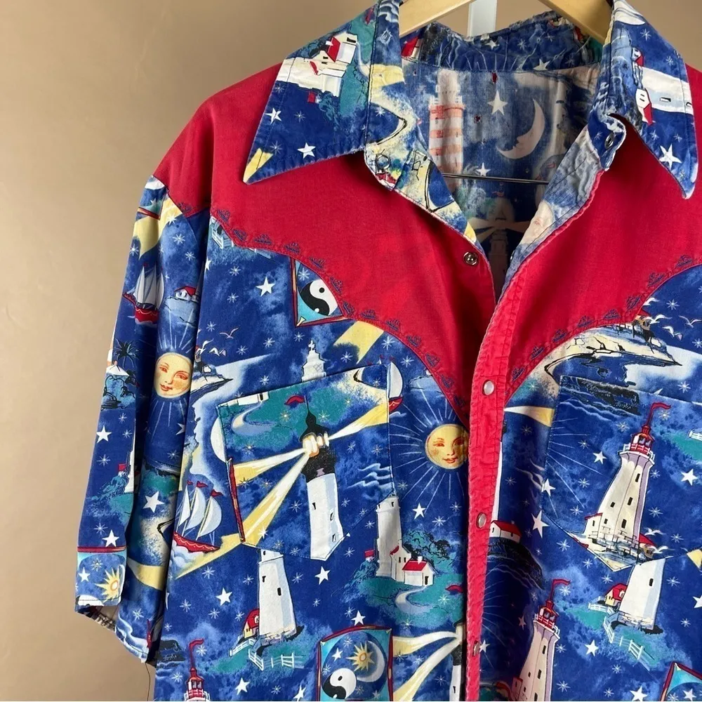 VINTAGE Women's XL Lighthouse Yin Yang Sun Moon Button Up Shirt Beach Y2K Granny Blue - Image 4