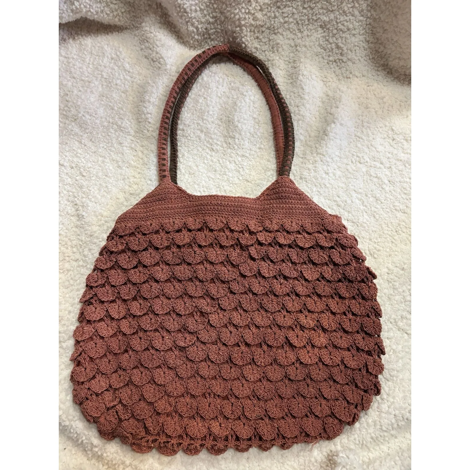 Stone Mountain Women Handbag Brown Rust Knit Crocheted Boho Purse Ornate Dangles - Image 2