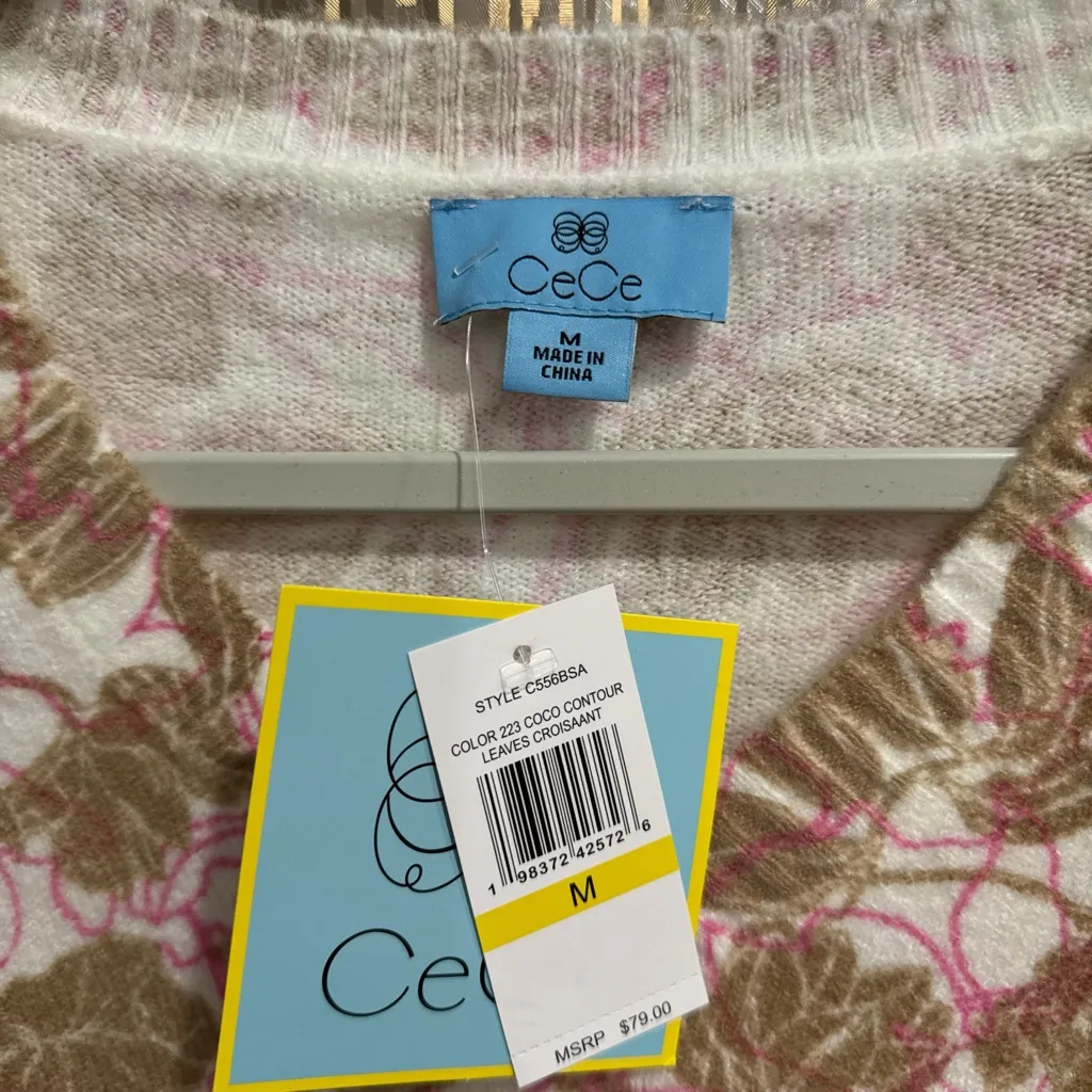 CeCe Women  Medium V-Neck Sweater Soft Knit Beige Pink Leaf Pattern Pullover NWT - Image 3