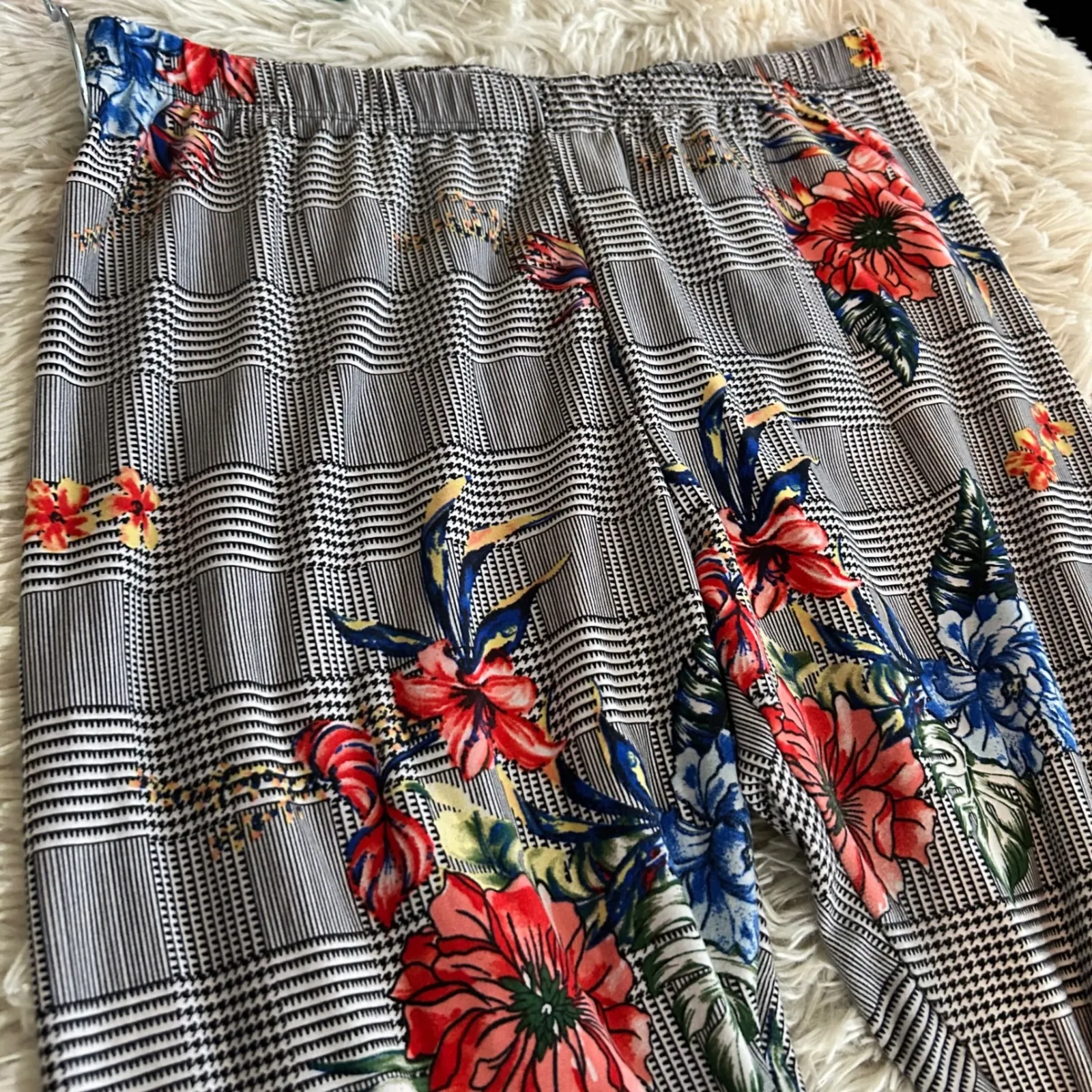 Floral Print Pants Women's Plaid‎ Casual Comfy Elastic Waist Stretch Leggings Gray Size M - Image 3