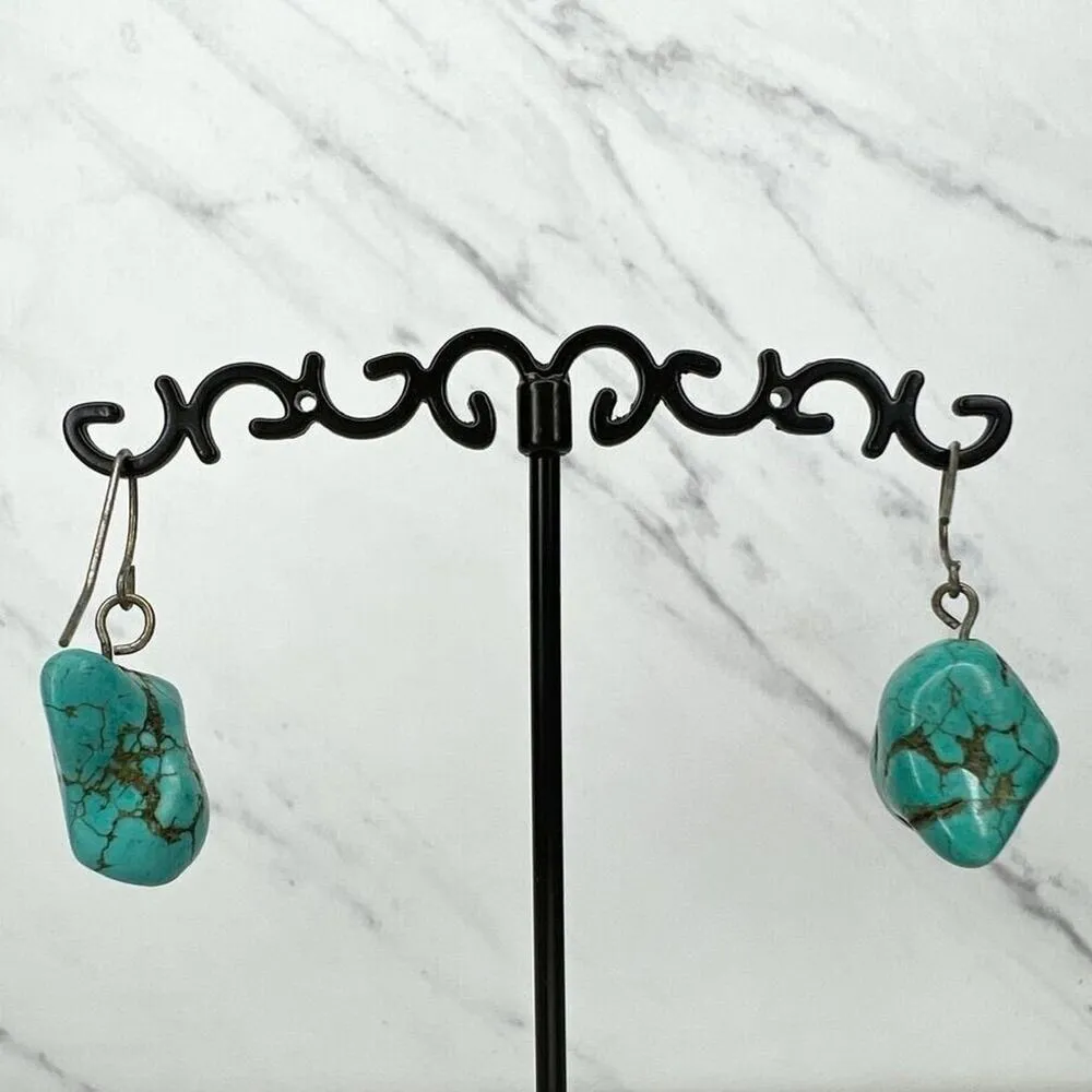 Silver Tone Faux Turquoise Beaded Dangle Earrings Pierced Pair - Image 5