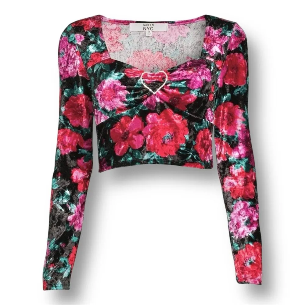 Madden‎ NYC 3X Black Velvet Floral Cropped Top Rhinestone Heart Y2K Whimsigoth - Image 10