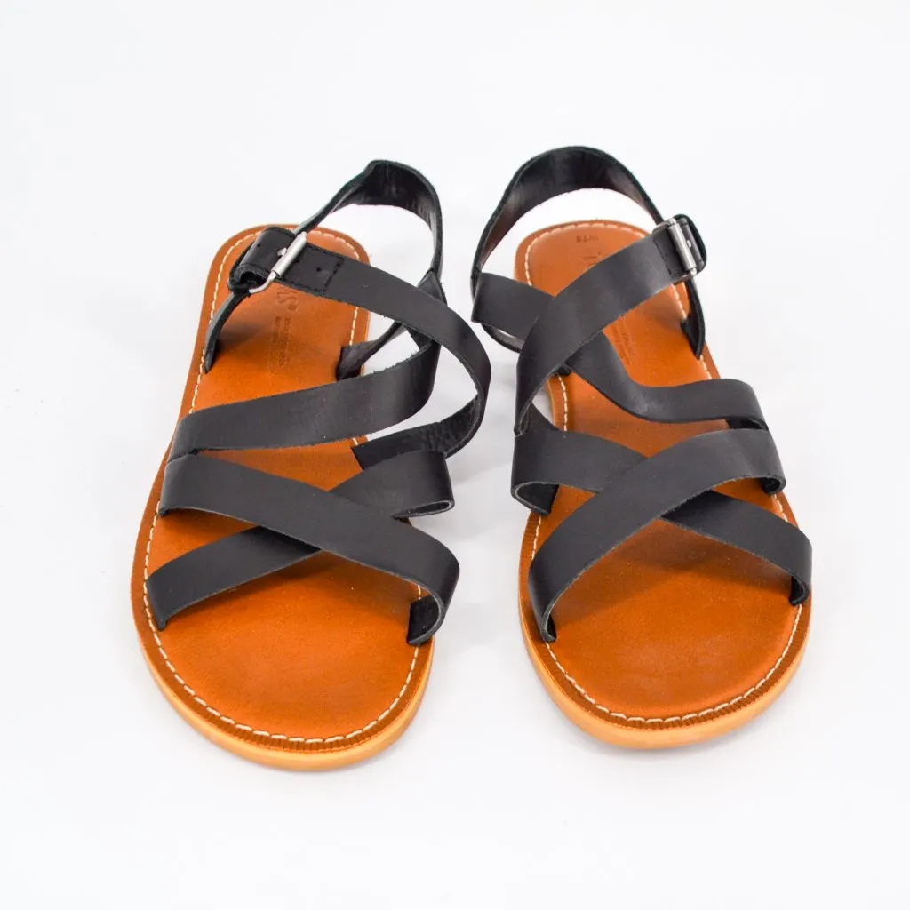 Toms Sicily Flat Sandals Black Leather 7.5 Comfort Strappy Buckle Criss Cross - Image 4