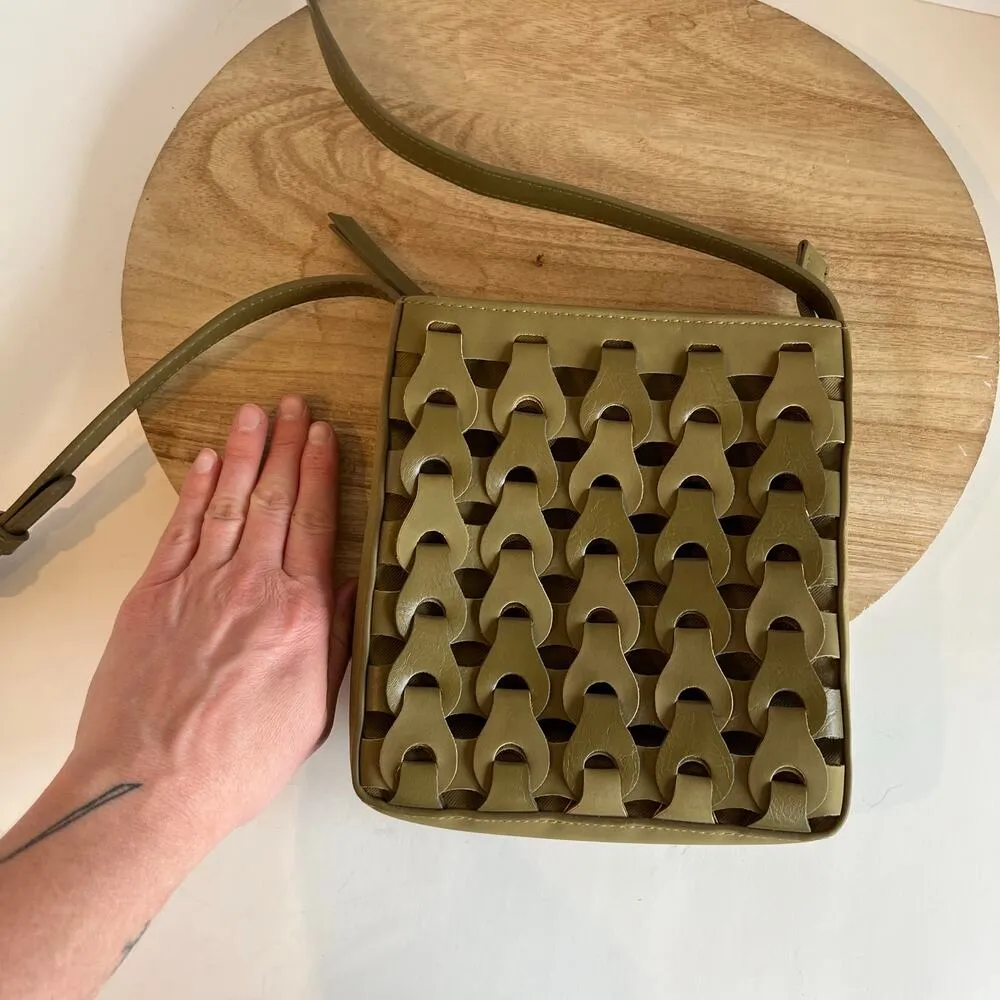 Green Woven Weaved Square Small Vegan Leather Crossbody Bag - Image 12