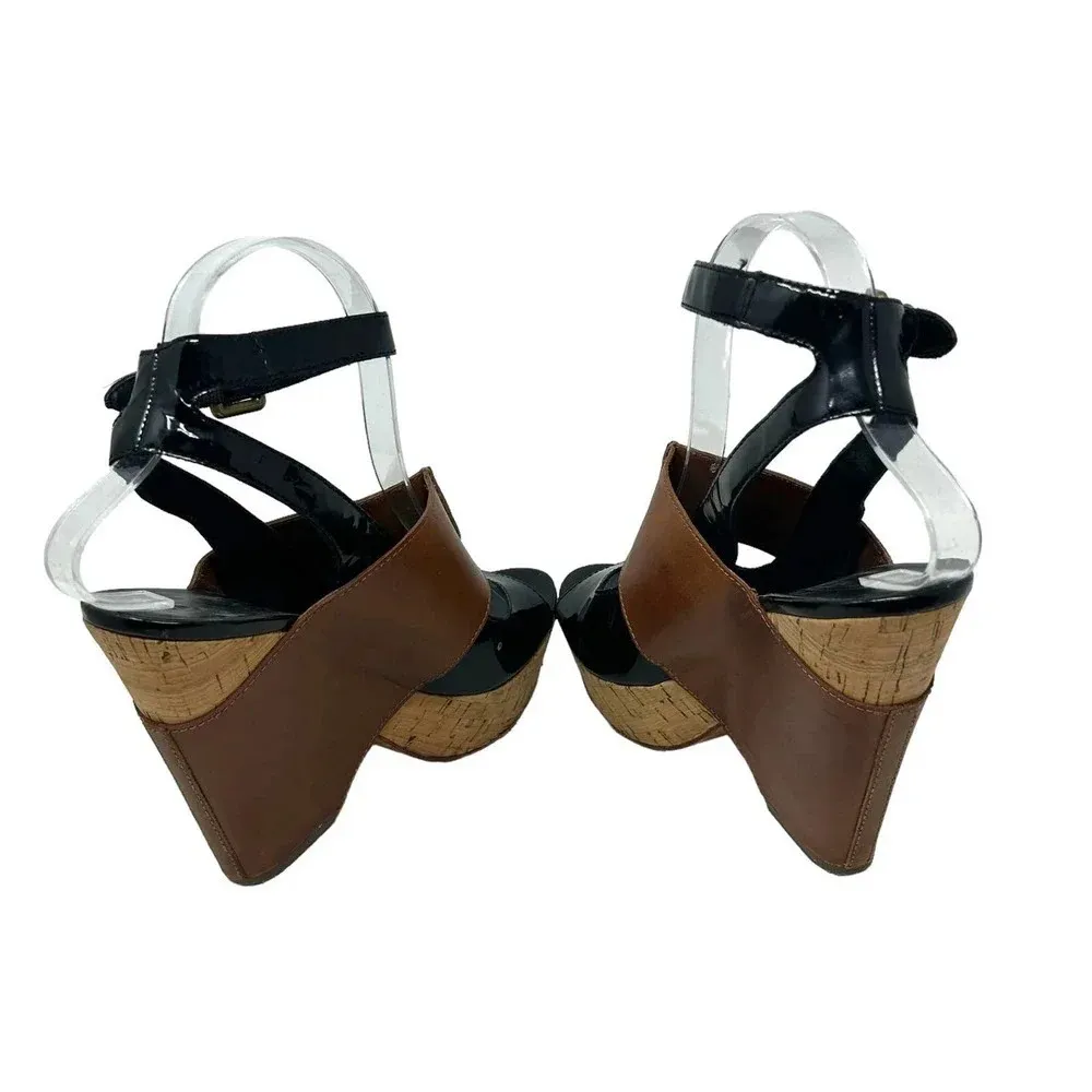 ASH Roma Platform Wedge Heel Sandals Black Patent Cognac Leather Size 38‎ US 7 - Image 5