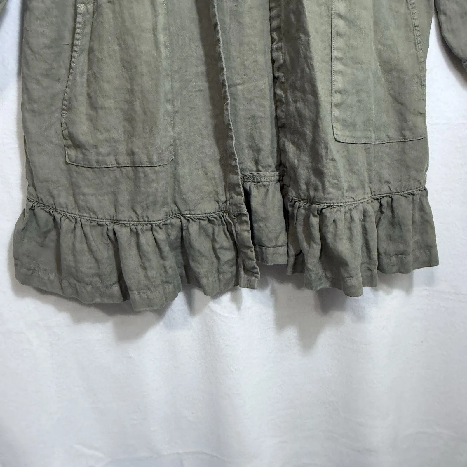 J. Jill Pure Jill Olive Green Linen Open Front Cardigan Coatigan Ruffle Size M Size M - Image 7