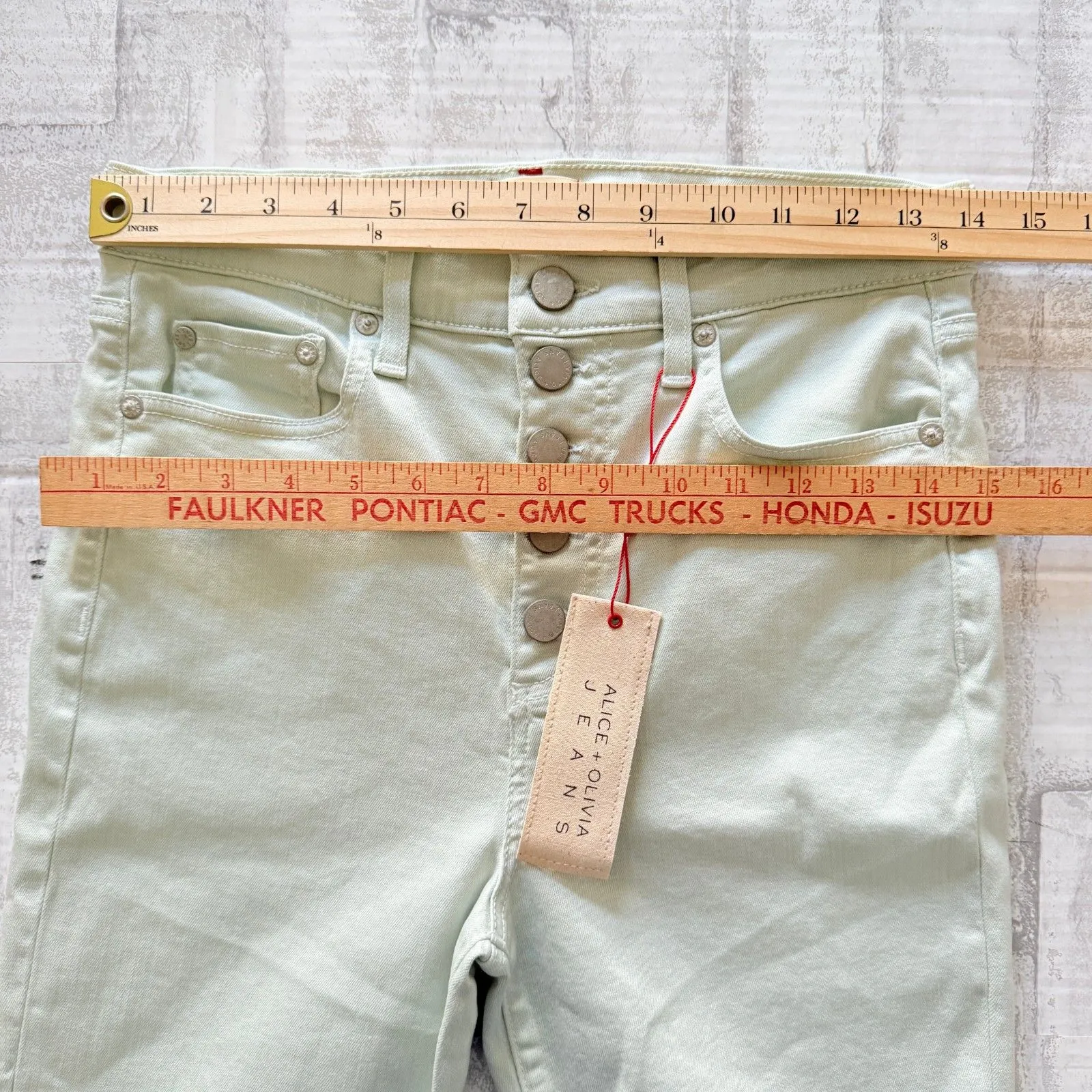 Alice + Olivia Good High Rise Skinny Mint Green Exposed Button Fly Crop Denim 29 - Image 9