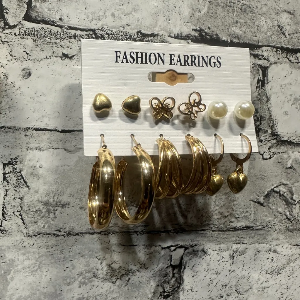 EUC Fashion Earrings Full Set (3 Studs, 2 Small Hoops, 1 Dangle Heart) Gold - Image 2