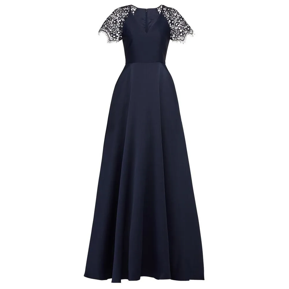 Monique Lhuillier Navy Blue Lace Satin Short Sleeve A - Image 4