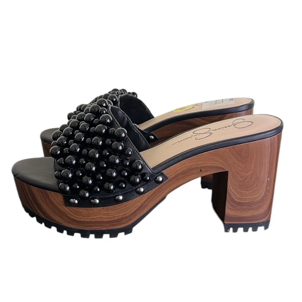 Jessica Simpson Telina2 Black Studded Pearl Detailed Slip On Block Heel Sandals - Image 4