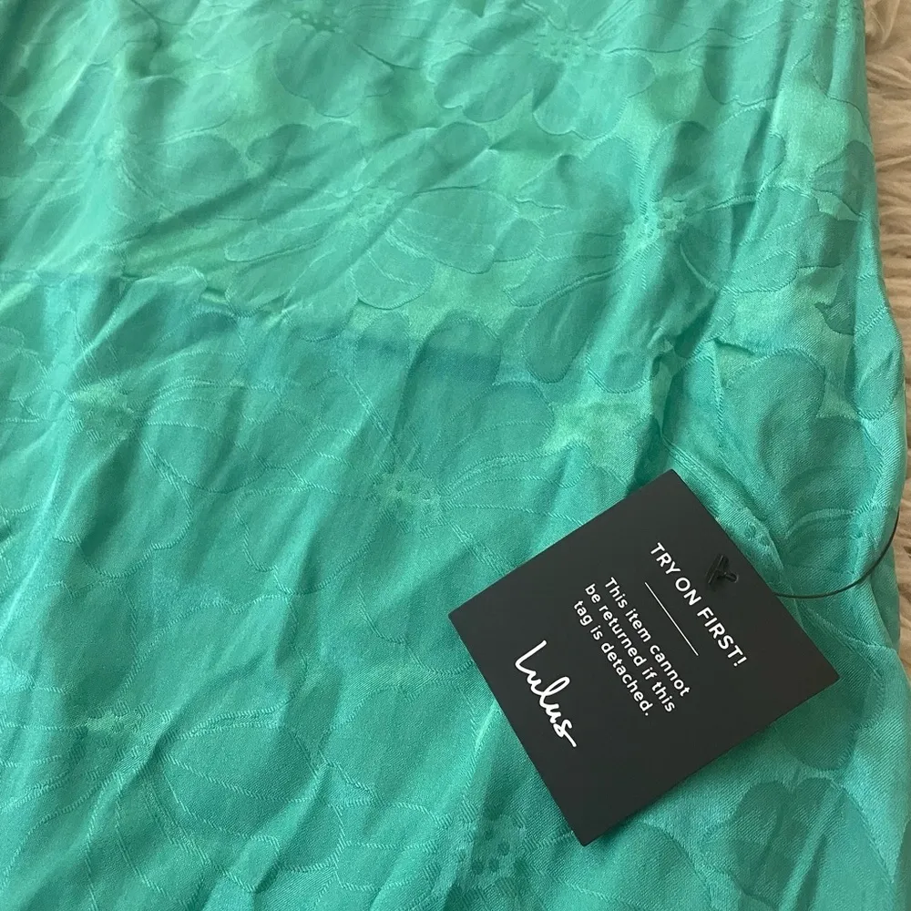NWT Lulu’s Chasing Desire Teal Green Satin Jacquard One-Shoulder Maxi Dress - Image 7