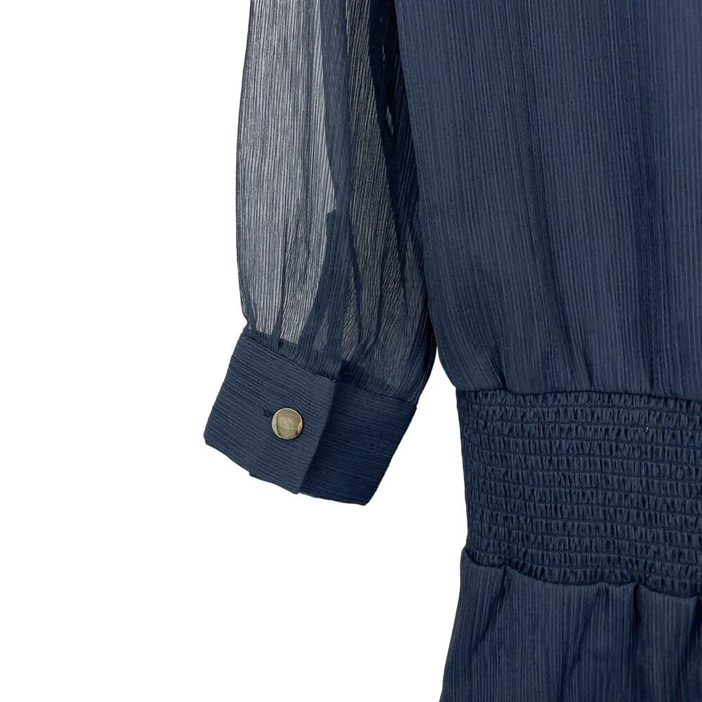 Marie Oliver Navy Blue Smocked Waist Dress With Tassels Long Sheer Sleeve Small - Image 6