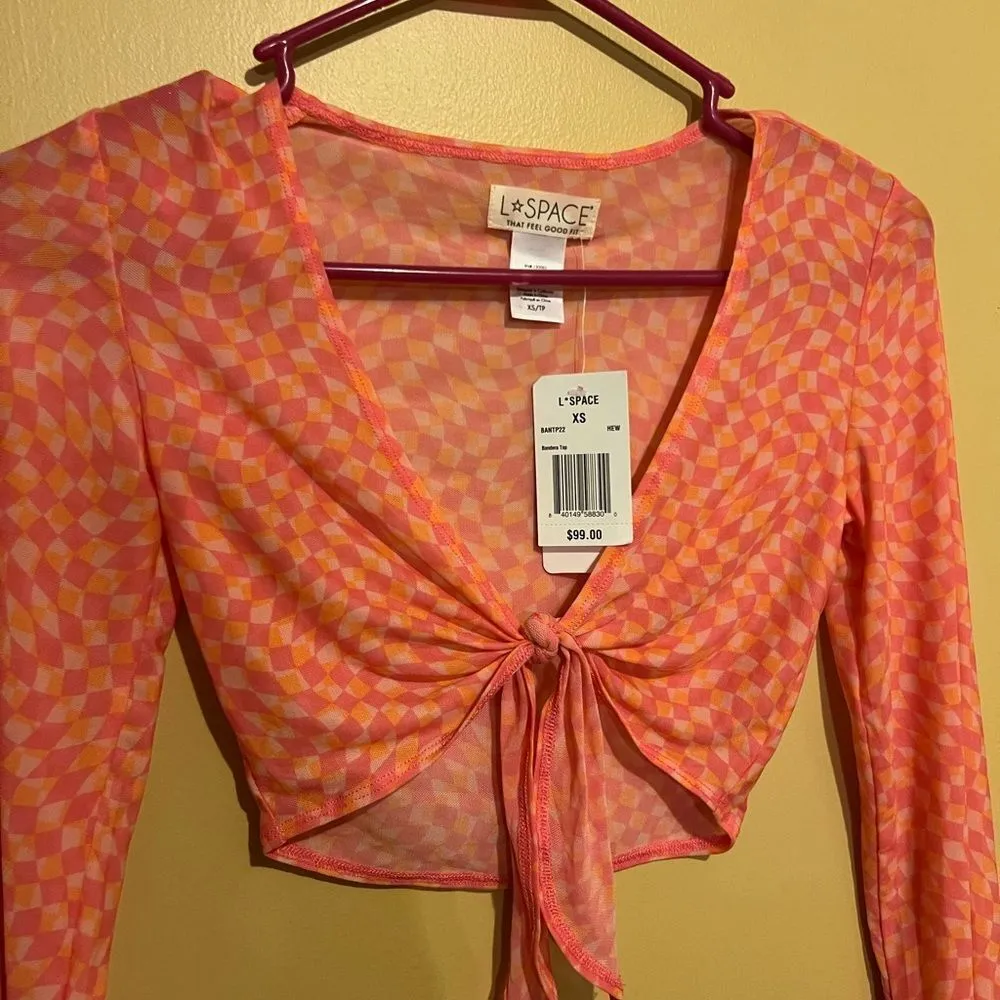 L*Space Cover Up Bandera Top Sheer Mesh Tie Front Pink/Orange Size XS - Image 9