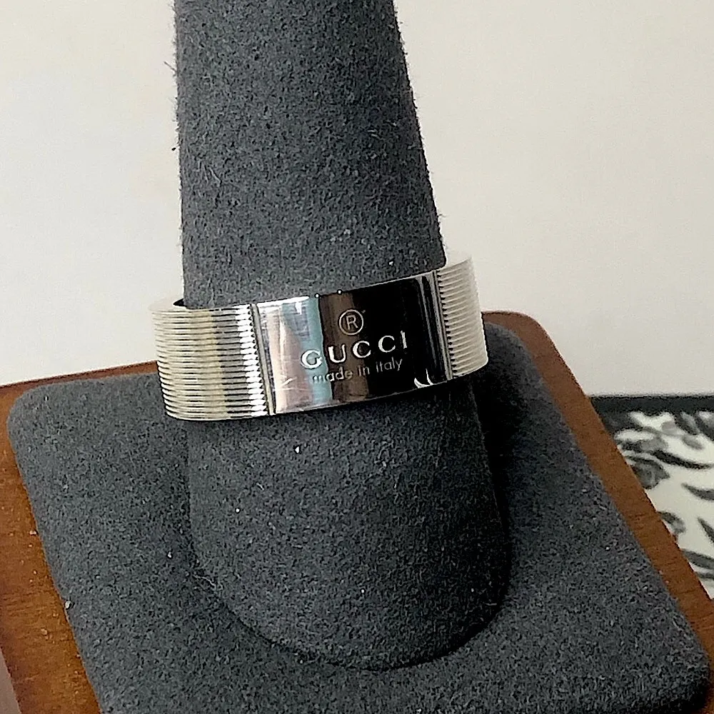GUCCI Sterling Silver Engraved Cigar Band Ring Size 9-1/2 21 NIB - Image 3