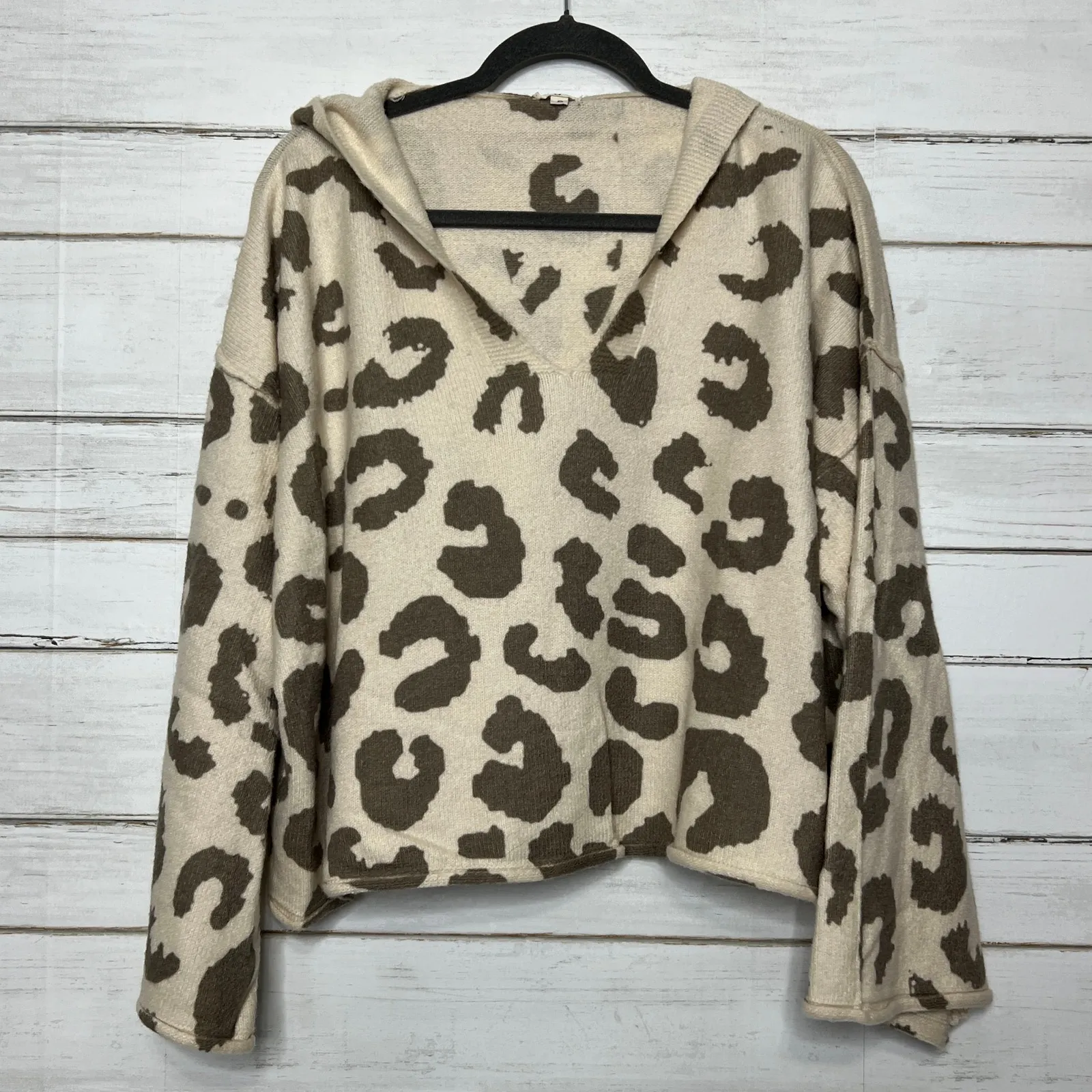 POL Leopard Print Hooded Sweater Neutral Tan Brown Lightweight Knit Small - Image 2