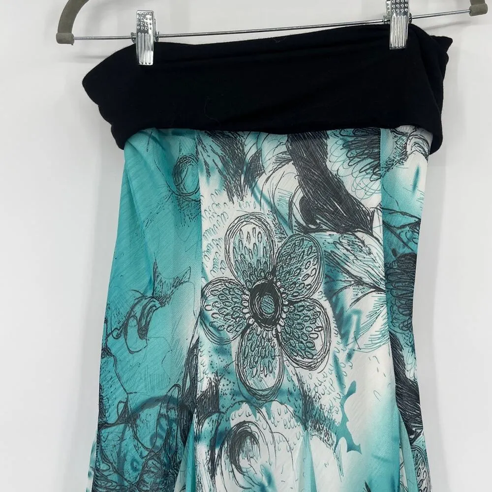 Lapis Maxi Skirt Sz L Teal Boho Floral Pleat Flowy Chiffon Resortwear Foldover Green Size L - Image 2