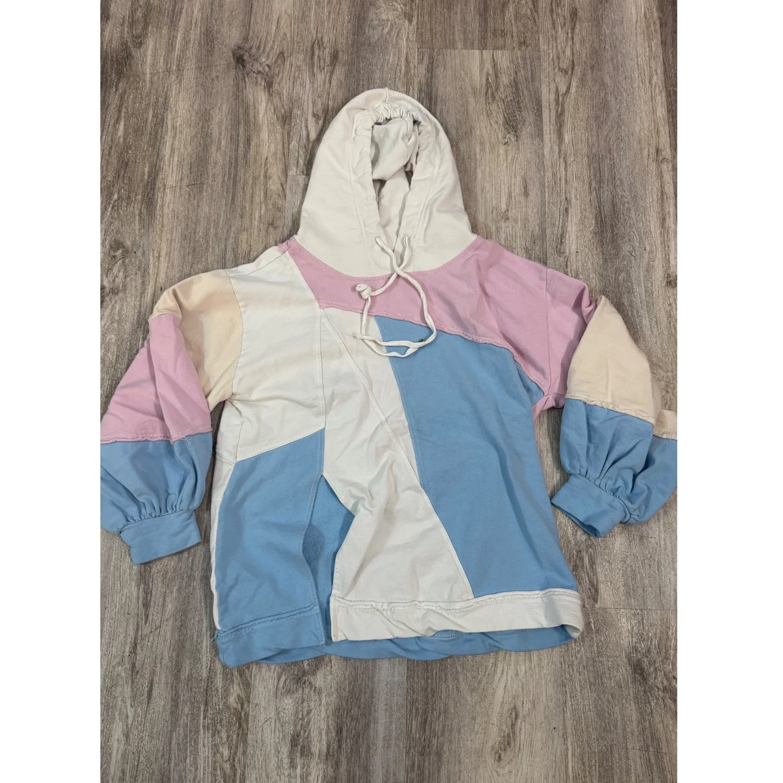 Anthropologie Pilcro Patchwork Hooded Sweatshirt Blue Pink Yellow White Size Med - Image 2