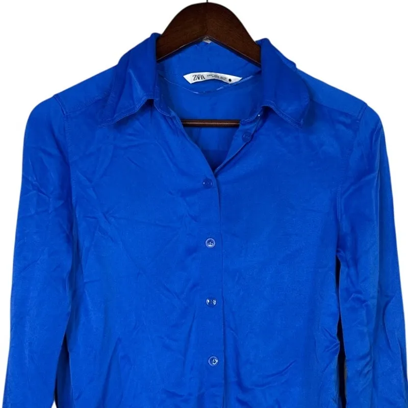 Zara Satin Feel Collared Button Down Stretchy Dress Shirt Blouse M Royal Blue - Image 2