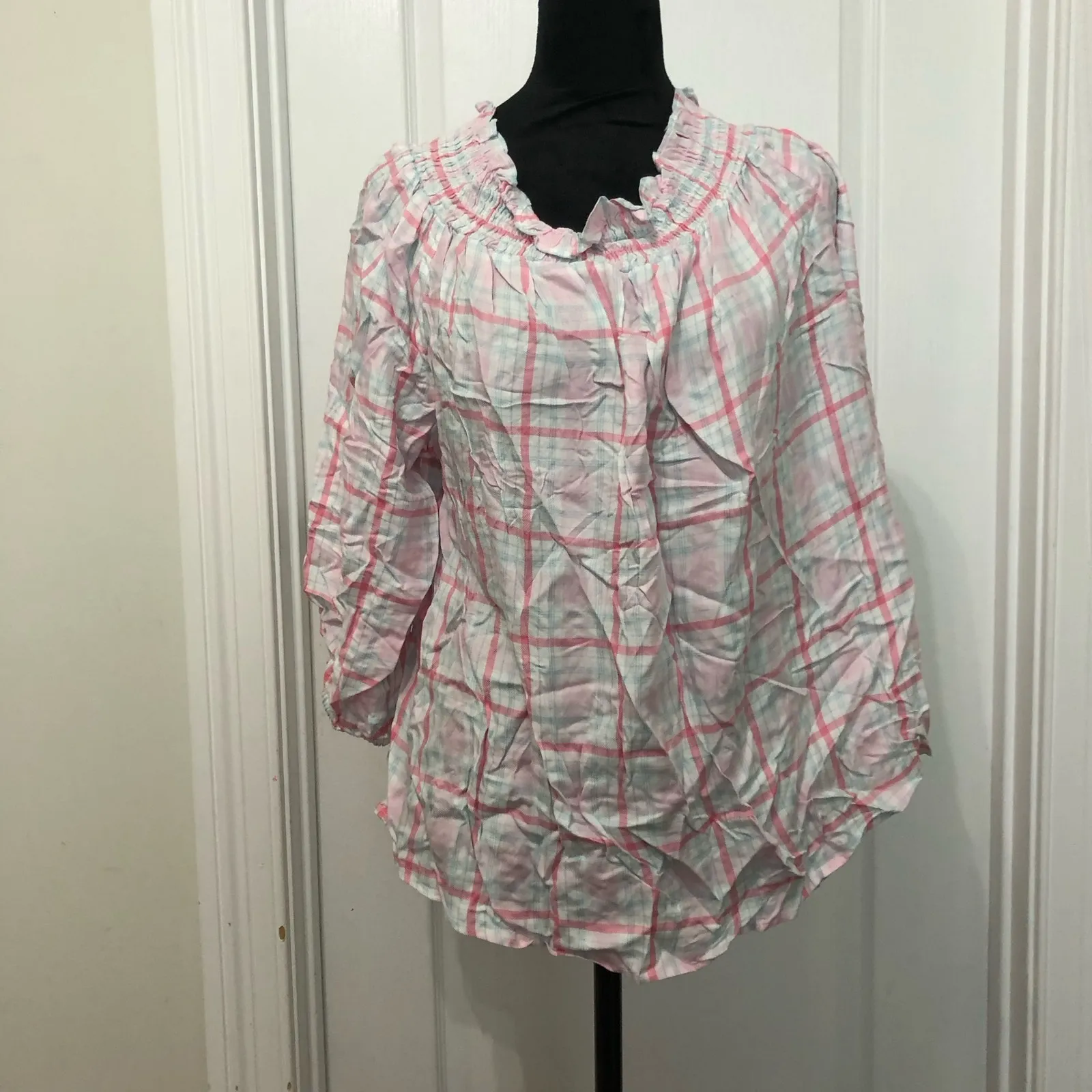 Tommy Hilfiger Womens Blouse Size 0X Pink White Check Rounded‎ Hem Pullover NWT - Image 2