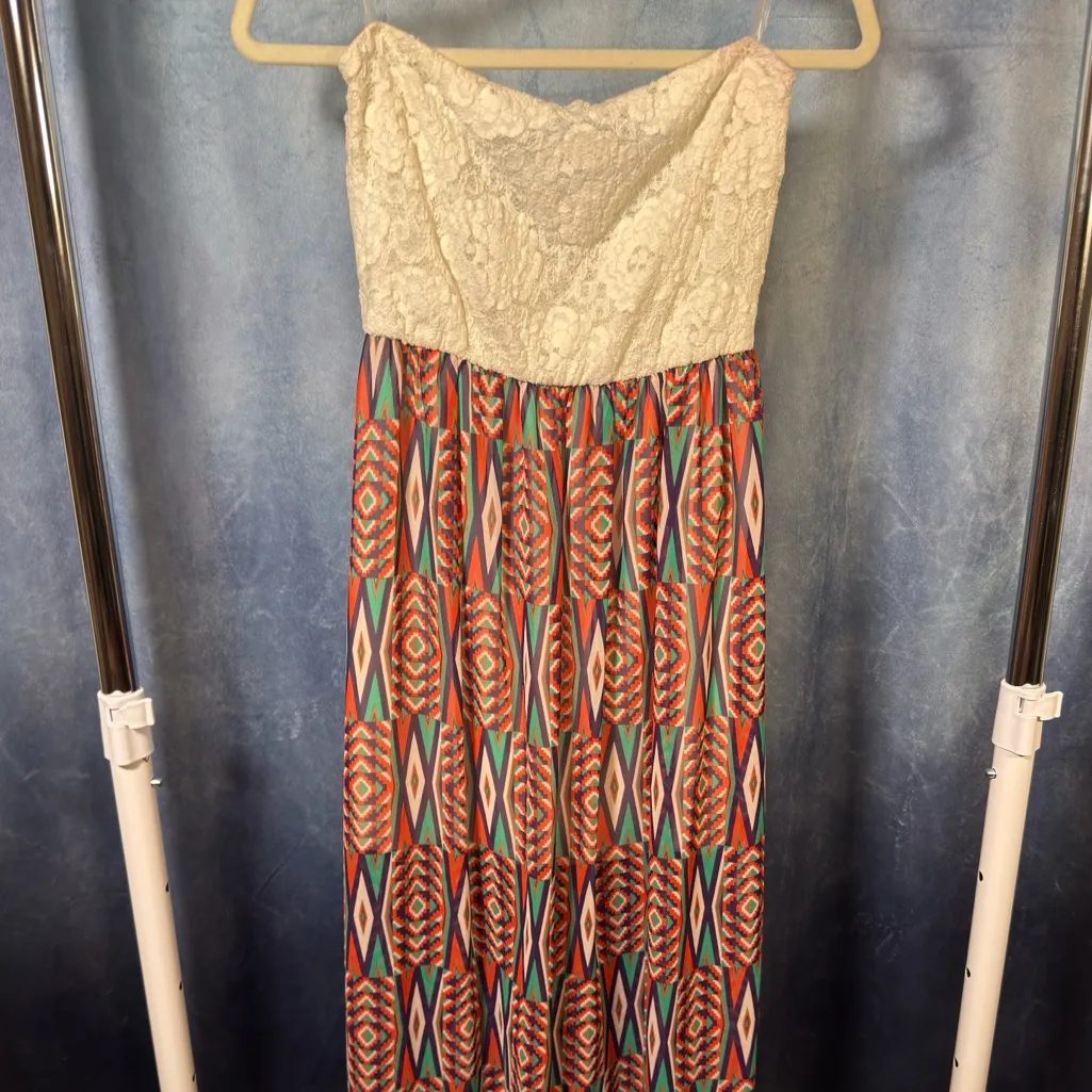 White and Orange Strapless Dress Size L - Image 2