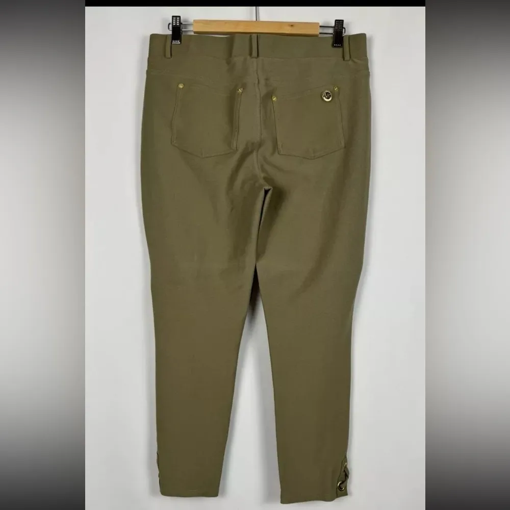 MICHAEL KORS Olive Cropped Pants Women XL Lace Grommets Pointe Knit Chic Trouser - Image 9