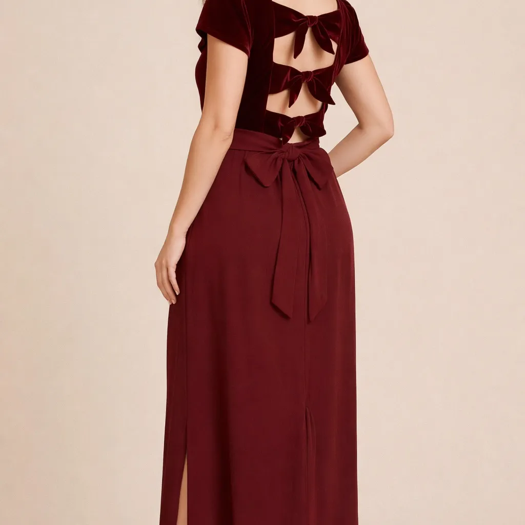 Jeffrey & Dara Vintage Burgundy Velvet Maxi Gown 10P Bow Back Holiday Formal Red - Image 2
