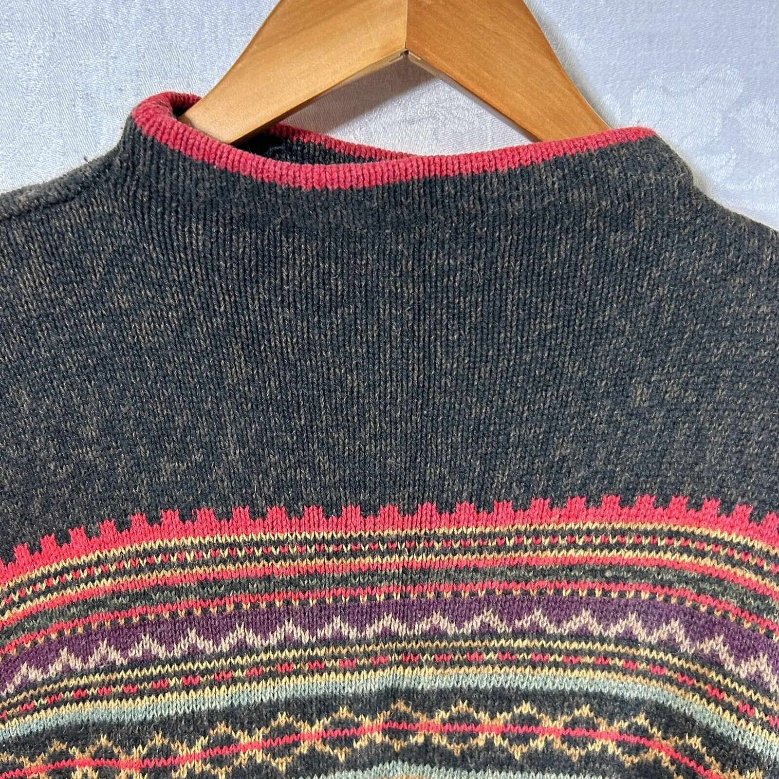 Vintage Tiara Sweater Medium Gray Red Mock Neck Long Sleeve Pullover Stripes - Image 7