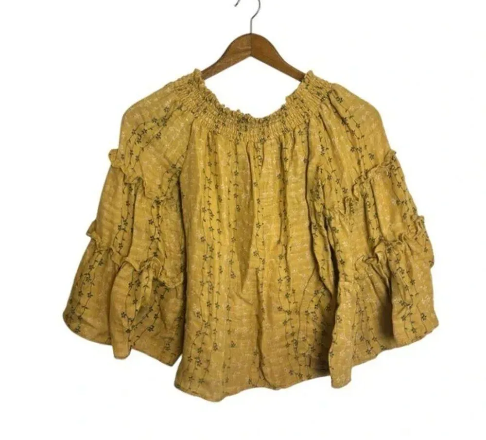 Umgee Yellow Floral Smocked Ruffled Boho Cottagecore Blouse Top - Image 2