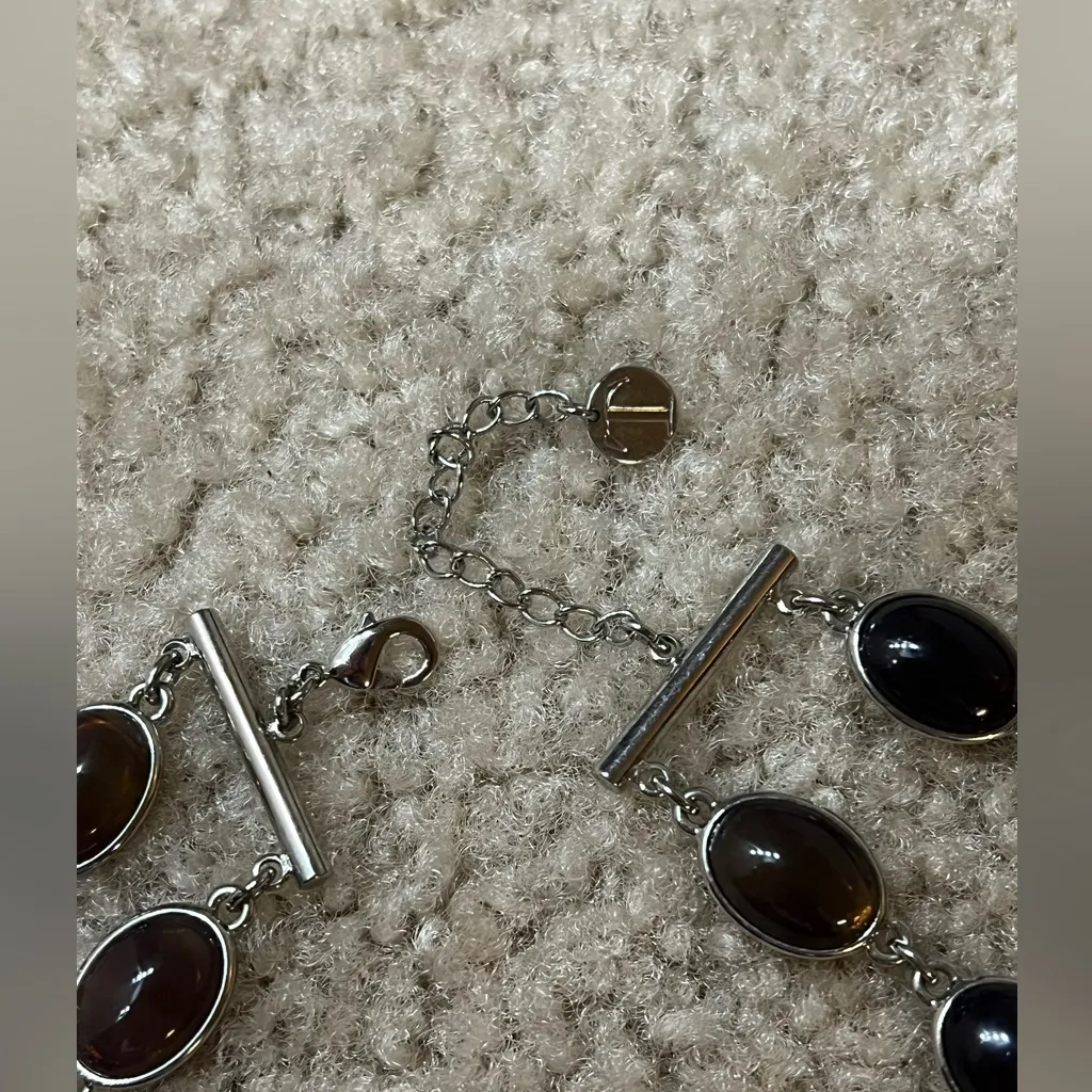 Talbots Silver Tone & Purple and Brown Glass Bead Flower Statement Necklace - Image 3