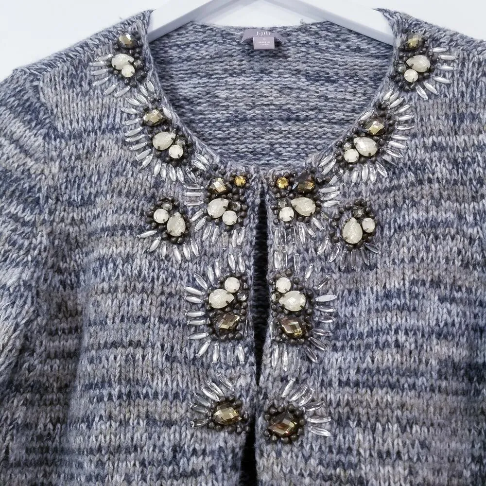 J. Jill Camel Wool Blend Knit Jeweled Short Academia Gray Cardigan Blazer - Image 2