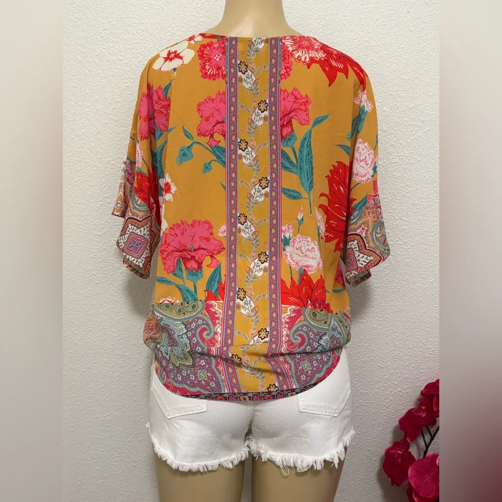 Umgee Yellow Tie-Front Graphic Blouse - Image 2