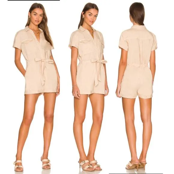 Bella Dahl Short Sleeve Collared Neck Button Front Romper Warm Sand Women's M - Image 2