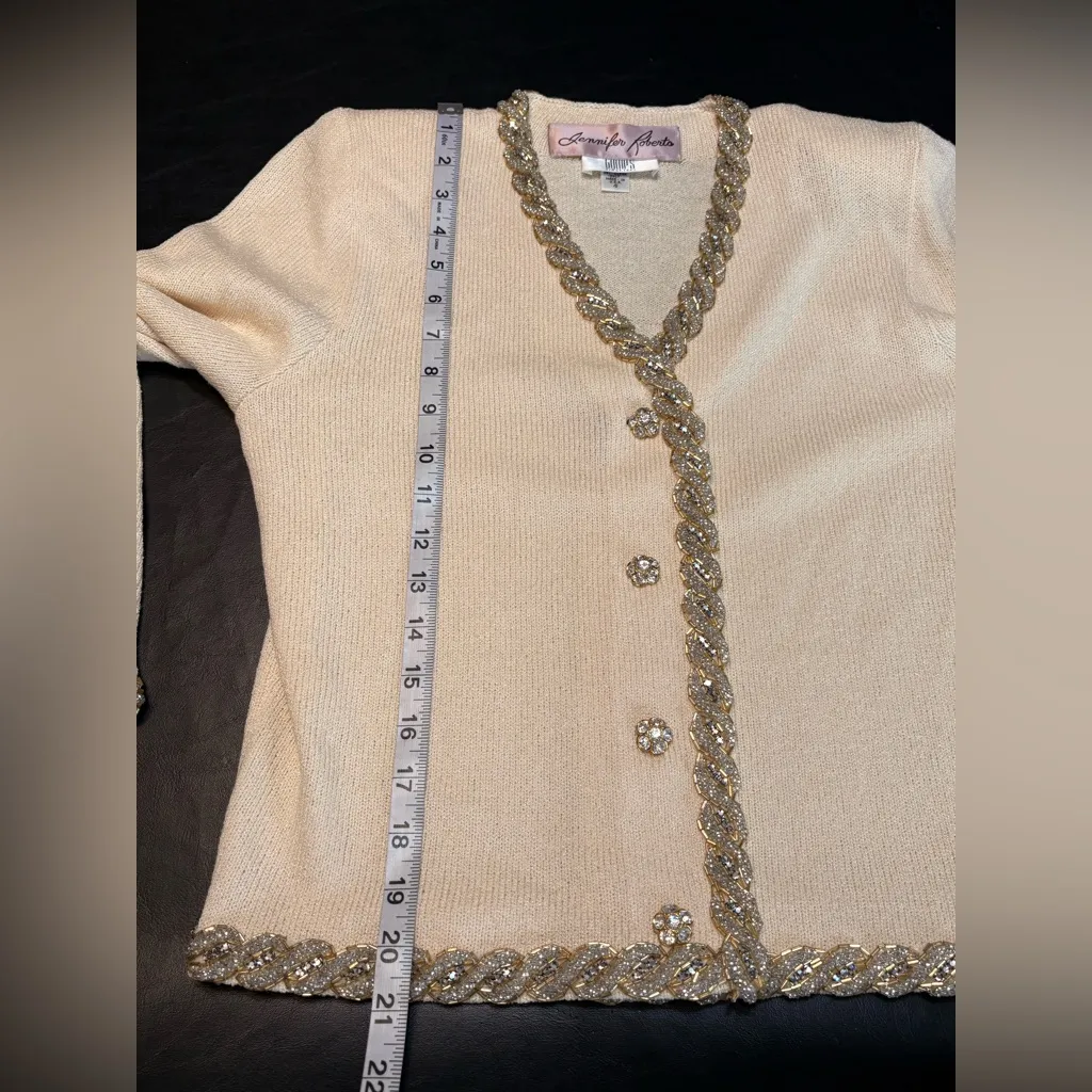 Vintage Chic Cream Cardigan with Gold Jewel Detailing made in USA size 4 - Image 9