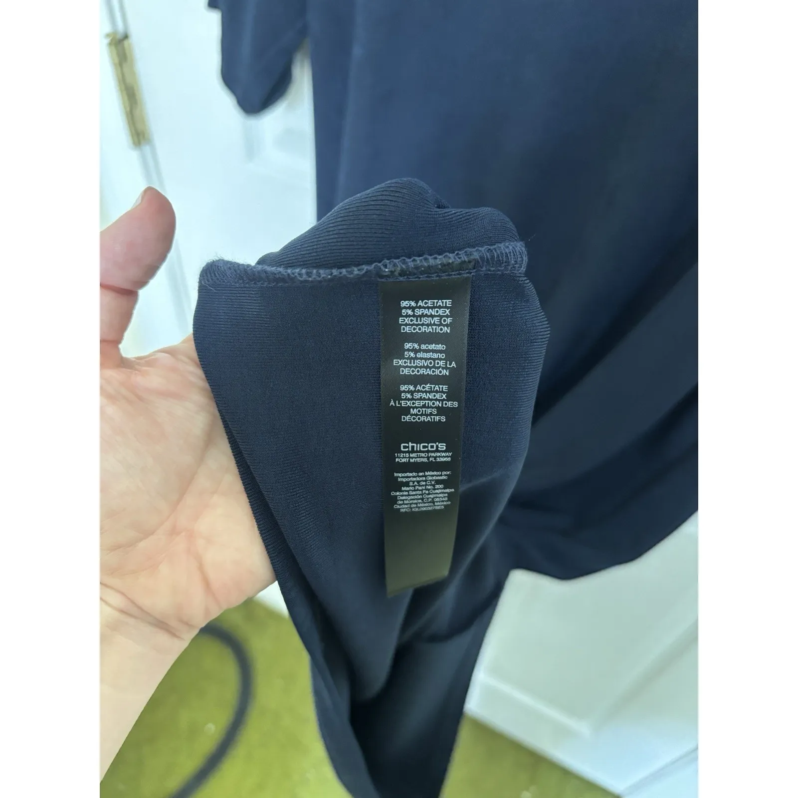 Chicos Travelers Navy Blue Gold Embroidered Midi Dress Sz 3 XL Slinky Stretch - Image 7