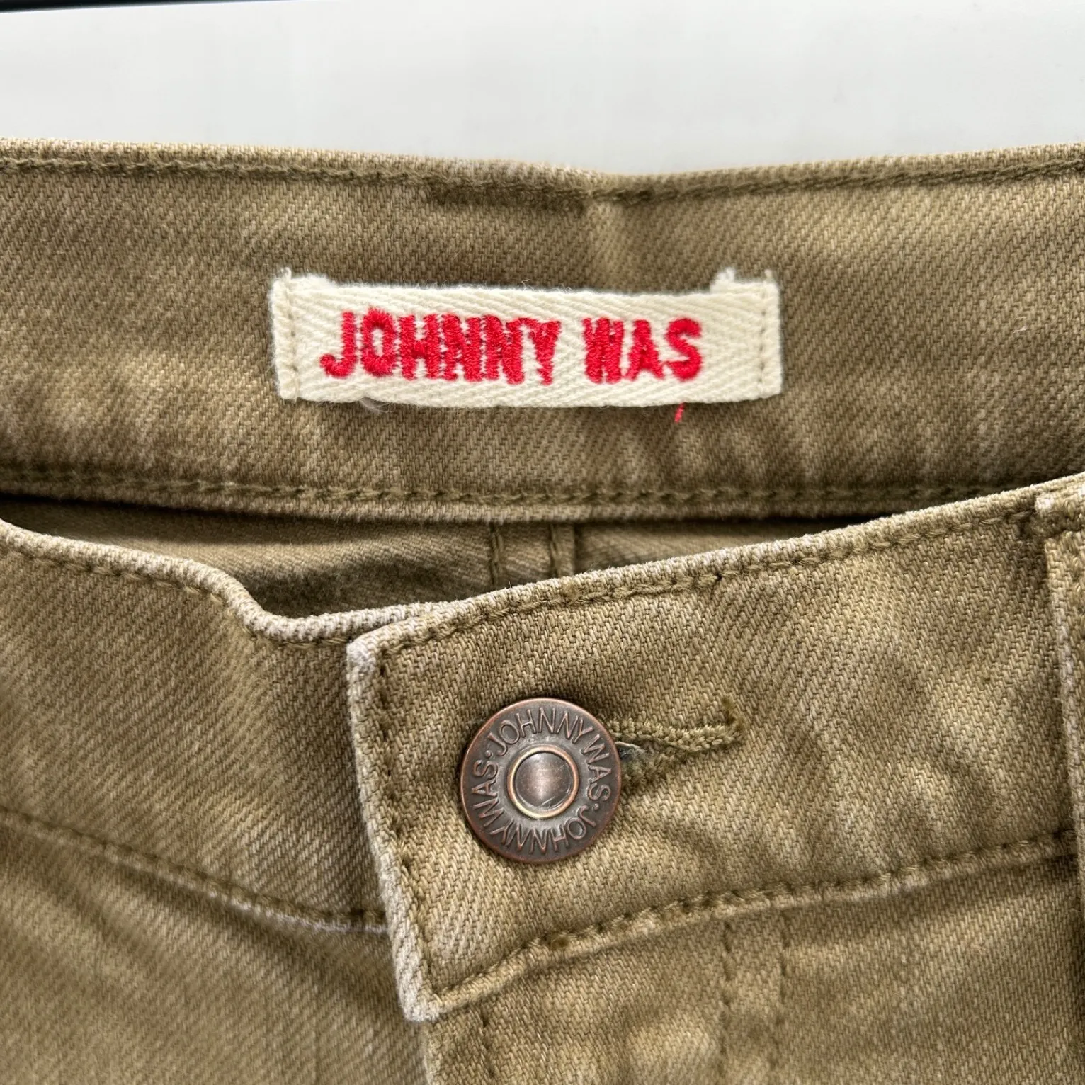 JOHNNY WAS The Cropped Baby Boot Jeans Khaki Embroidered Raw Hem Women's Size 28 - Image 3