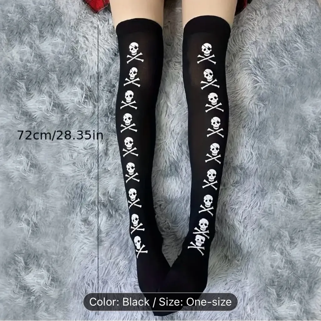 Skull Print Thigh‎ High Socks, Cosplay Over The Knee Socks
One Size Black - Image 8