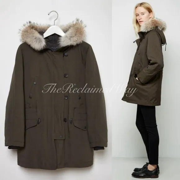 Rag & Bone Waterloo Parka Coat Down Jacket Real Fur Real Leather Olive Green - Image 2