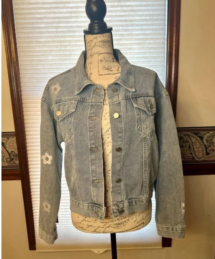 NWOT Miss Sparkling Small Cropped Embroidered w Flowers & Mushroom Jean Jacket Blue - Image 1